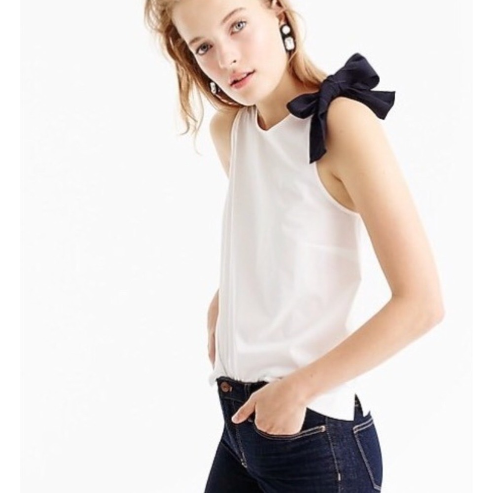 NWT J. Crew Sleeveless Scoop Neck Top White Black Shoulder Bow Size‎ 2 Cotton
